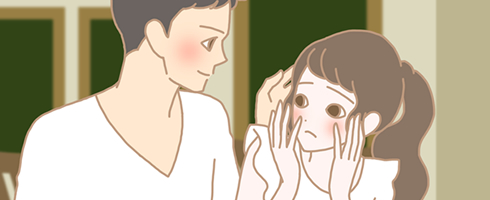 彼氏にすっぴんを見られることを心配する女性のイラスト