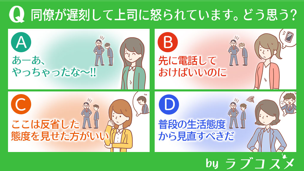 同僚が遅刻して上司に怒られています。どう思う?