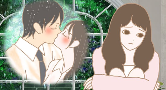 雨の日のような恋〜切なさも大切にしたい〜雨の思い出エピソードを想起する女性イラスト