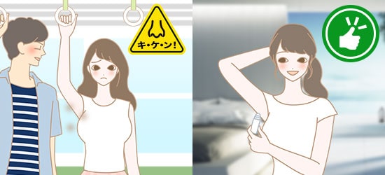 ワキのニオイを気にしている女性とワキにジャムウハーバルロールを塗っている女性のイラスト