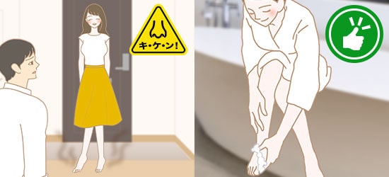ワキのニオイを気にしている女性とワキにジャムウハーバルロールを塗っている女性のイラスト