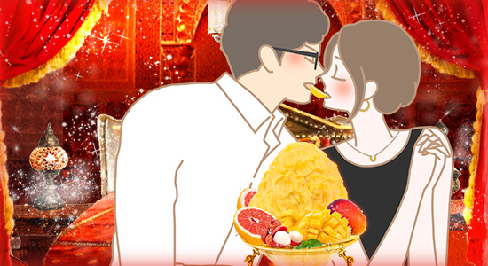 マンゴーかき氷を食べるカップルのイラスト