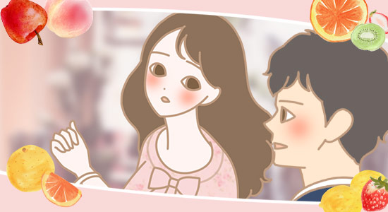 綺麗な肌の女性に一目ぼれする男性のイラスト