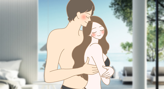 水着の女性をだきよせる男性のイラスト