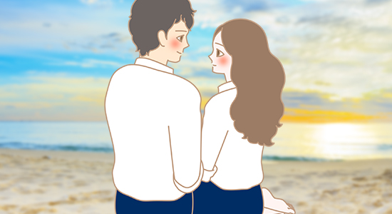 浜辺で見つめ合う男女のイラスト