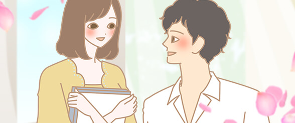 仕事中会話をする男女のイラスト