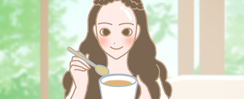おっぱい体操の後に食事をするをする女性のイラスト