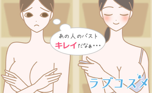 バストの大きさ、形を気にして、正しいバストアップマッサージでお手入れしたい女性のイラスト