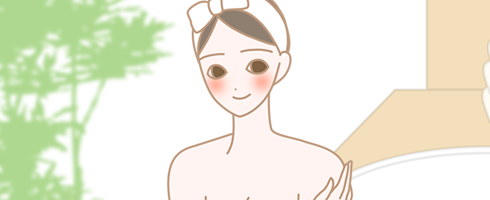 風呂上りにバストアップマッサージをする女性のイラスト