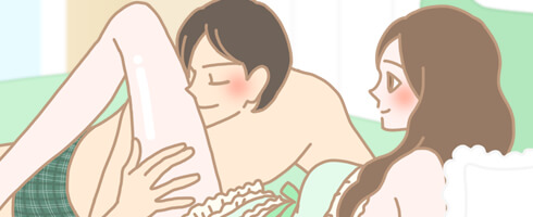 女性の足元に顔を寄せる男性のイラスト