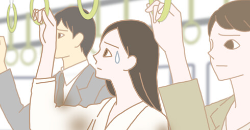 電車内で臭いを気にする女性のイラスト