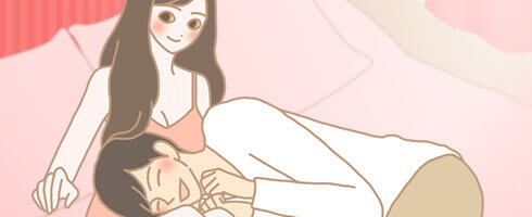 女性のひざの上に頭を置く男性のイラスト
