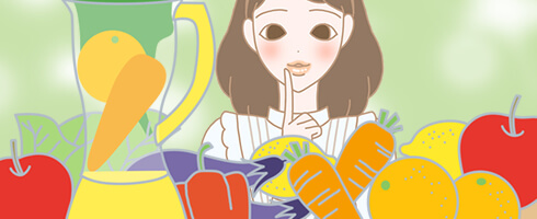 野菜やフルーツを見ている女性のイラスト
