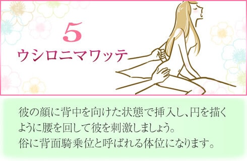 騎乗位状態で、彼の顔に背中を向けて挿入し、円を描くように腰を回します。俗に背面騎乗位と呼ばれる体位です。