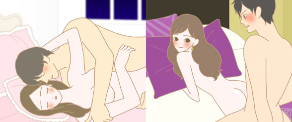 スローセックスで側位と寝バックをするカップルのイラスト