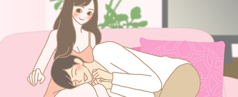 女性の足の上に頭を置く男性のイラスト