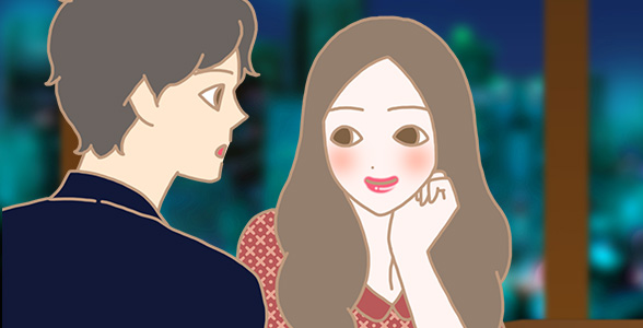 濃い色の唇をした女性に驚く男性
