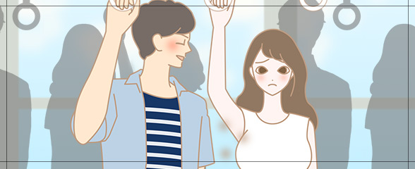 電車で汗が気になる女性イラスト