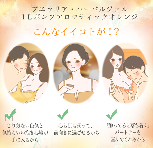 プエラリア・ハーバルジェル 1Lポンプ アロマティックオレンジでケアしているイラスト